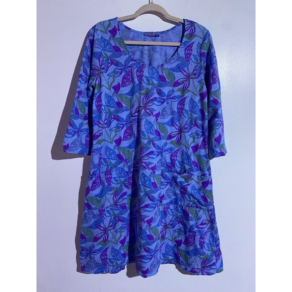 Vtg Fresh Produce Dress 16 Blue Purple Floral Hawaiian Lagenlook Lounge Beachy - Picture 1 of 10